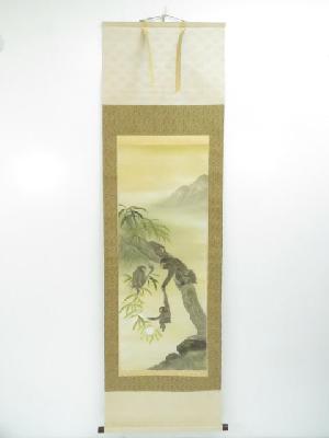 日本画　玉豊筆　五猿之図　肉筆絹本掛軸（共箱）